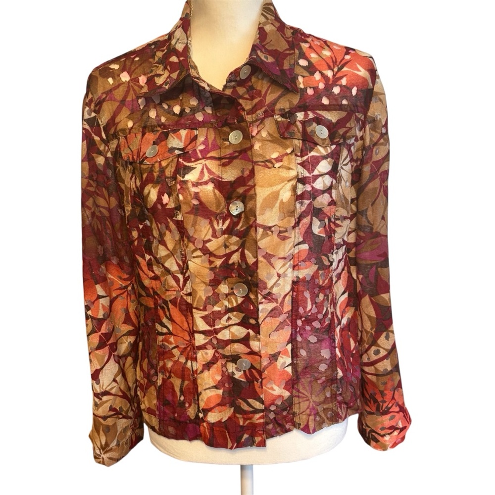 Ruby Rd. Top Womens 14 Maroon Floral Button Up Jacket Semi Sheer Roll Tab Sleeve